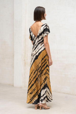 VESTIDO CUELLO BARCO BIES ESTAMPADO OJO DE TIGRE