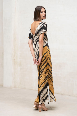 VESTIDO CUELLO BARCO BIES ESTAMPADO OJO DE TIGRE