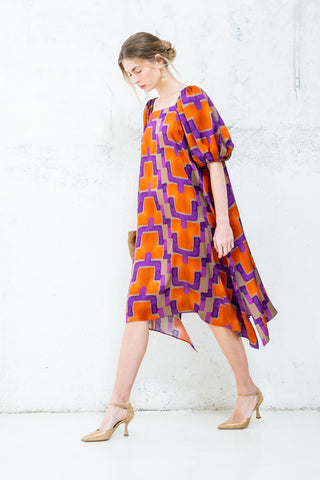 VESTIDO MANGAS ABULLONADAS NARANJA MORADO