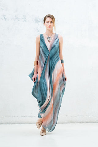 VESTIDO LARGO VERDE AGUA SALMÓN Y CRUDO